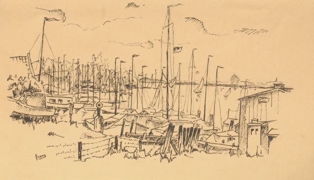 Frans Letanche | Jachthavenscene, pen en inkt op papier, 17,8 x 30,7 cm, gesigneerd l.o. en verso