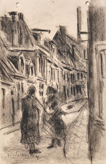 Wissen H.J. van | Twee pratende vrouwen op straat, tekening op papier 24,0 x 15,8 cm, gesigneerd l.o. en verso