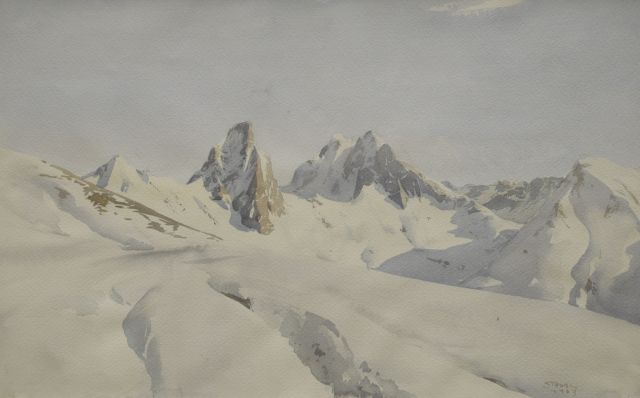 Hans Strobl | Gezicht op Rüfikopf, Lech, aquarel op papier, 32,1 x 50,2 cm, gesigneerd r.o. en gedateerd 1963