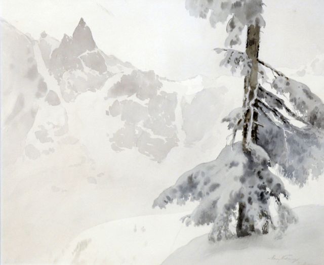 Maciej Nehring | Winters berglandschap, Polen, aquarel op papier, 60,2 x 72,5 cm, gesigneerd r.o. (vaag)