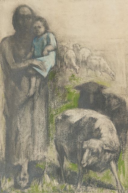 David Bautz | Schaapherder met kind, pastel op papier, 47,6 x 32,2 cm, gesigneerd r.o.