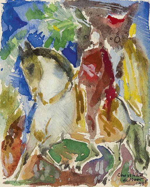 Moor C.N.E. de | Ruiter te paard, aquarel op papier 14,0 x 11,3 cm, gesigneerd r.o. en gedateerd 1948