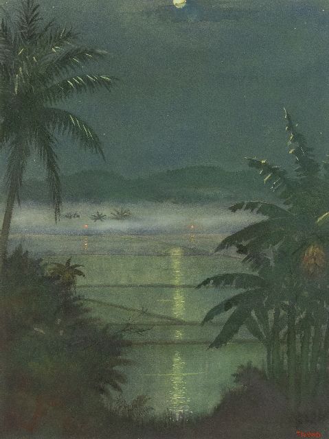 Tieland H.H.L.  | Maanavond in de Preanger, Java, aquarel op papier 48,0 x 36,4 cm, gesigneerd r.o.
