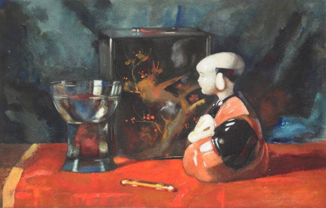 Sophie Jansen-Grothe | Stilleven met Chinees popje, aquarel en gouache op papier, 25,0 x 39,4 cm, gesigneerd r.o. en te dateren 1895-1902