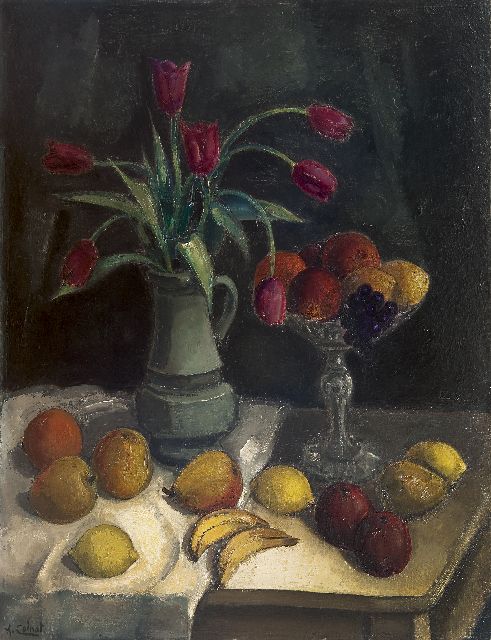 Arnout Colnot | Stilleven met fruit en tulpen op een tafel, olieverf op doek, 92,2 x 70,4 cm, gesigneerd l.o.