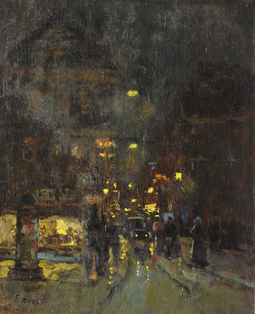 Frans Hoos | Stadsgezicht bij avond, olieverf op doek op paneel, 30,0 x 24,4 cm, gesigneerd l.o.