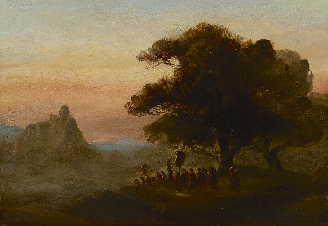 Johannes Tavenraat | Landschap met processie onder een eik, olieverf op papier op paneel, 24,0 x 34,0 cm