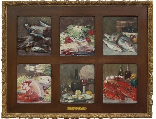 Buelens M.F.  | Menu - zes schilderijen gevat in één lijst, olieverf op doek 40,2 x 35,4 cm, gesigneerd l.b. of r.b. met monogram en te dateren ca. 1905
