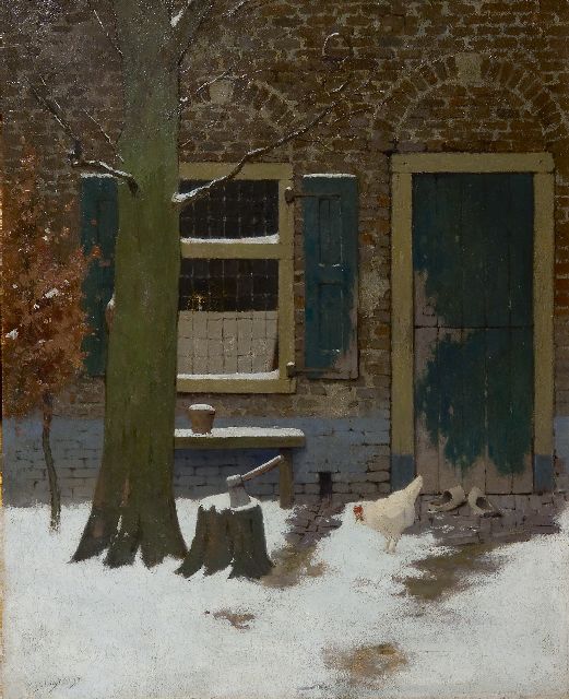 Evert Jan Ligtelijn | Kip op winters erf, olieverf op board, 50,0 x 40,0 cm, gesigneerd l.o.