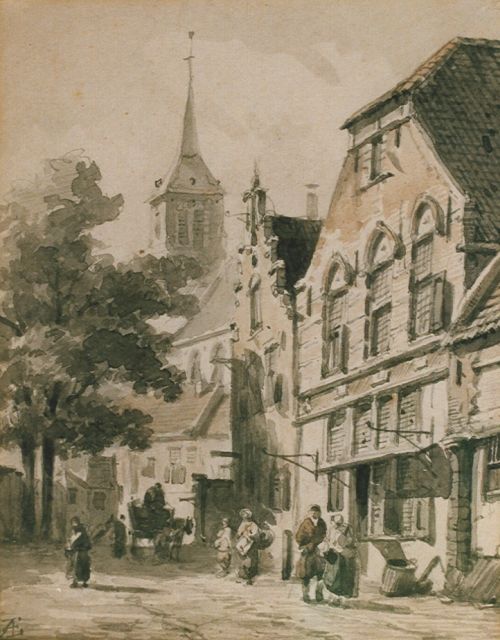 Adrianus Eversen | Straatje met wandelaars en paard, sepia op papier, 18,5 x 14,5 cm, gesigneerd l.o. mon