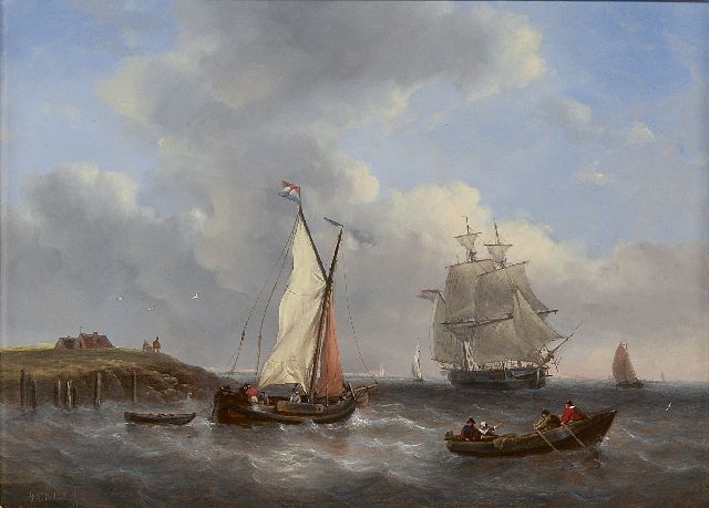 George Willem Opdenhoff | Schepen bij een havenhoofd, olieverf op paneel, 29,4 x 40,2 cm, gesigneerd l.o.