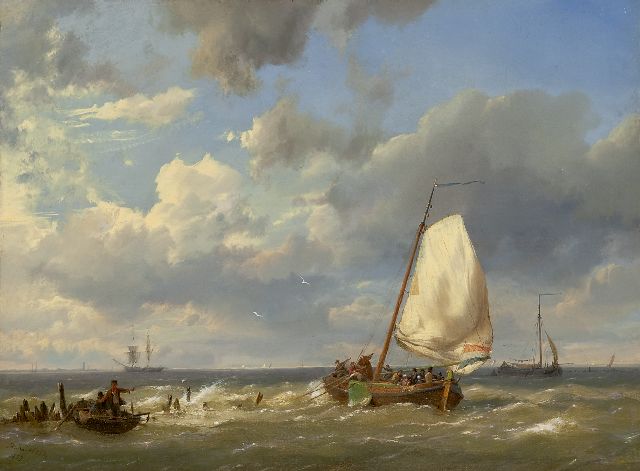 Hermanus Koekkoek | Vissersboten voor de kust, olieverf op doek, 31,9 x 43,5 cm, gesigneerd l.o. en gedateerd 1859