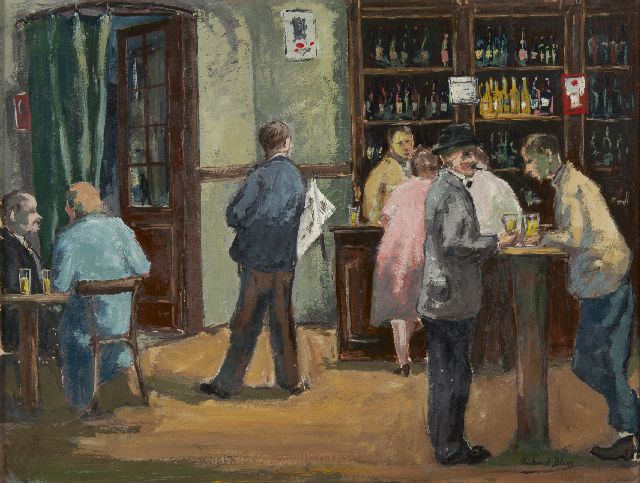 Richard Bloos | Bar in Montmartre, olieverf op papier, 32,0 x 42,0 cm, gesigneerd r.o.
