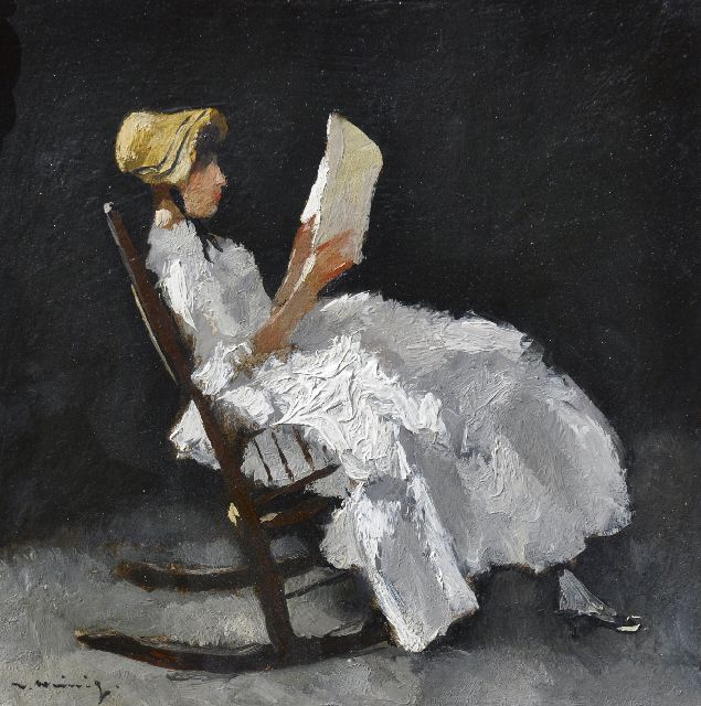 Walter Heimig | Jonge vrouw, lezend in een schommelstoel, olieverf op paneel, 31,1 x 31,0 cm, gesigneerd l.o.