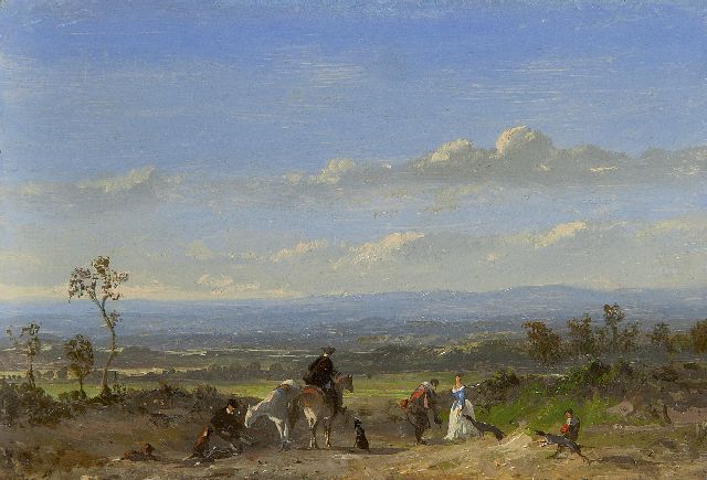 Johannes Tavenraat | Jachtgezelschap in weids landschap, olieverf op paneel, 10,3 x 15,0 cm, gesigneerd l.o. met resten van signatuur