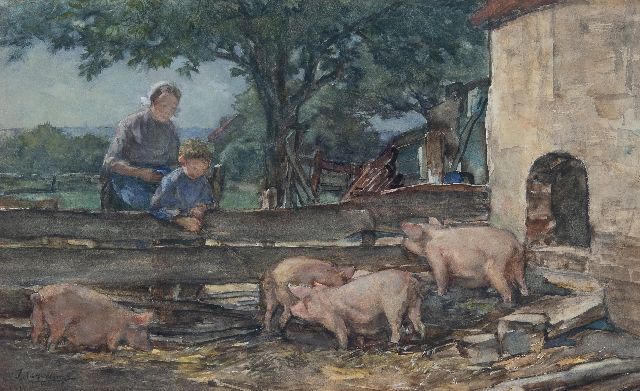 Johannes Evert Akkeringa | Dries bij de varkens, aquarel op papier, 27,7 x 45,0 cm, gesigneerd l.o.