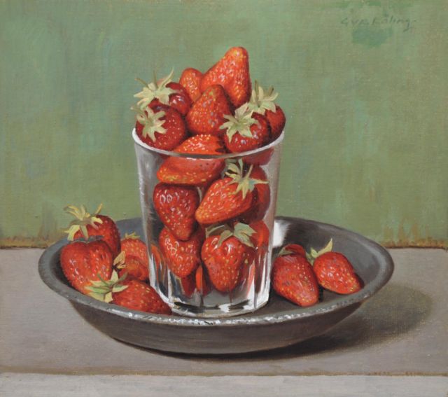 Gé Röling | Aardbeien in glas op tinnen schaal, olieverf op board, 24,7 x 27,5 cm, gesigneerd r.b.