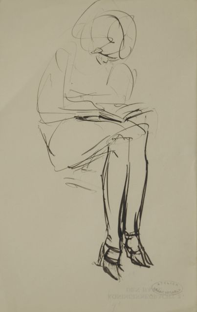 Isaac Israels | Zittende, lezende jonge vrouw, pen en inkt op papier, 21,1 x 13,4 cm
