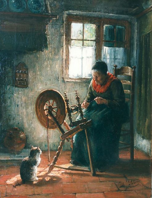 Johannes Jacobus Paling | Boerenvrouw achter het spinnewiel, olieverf op doek, 52,0 x 40,0 cm, gesigneerd r.o.