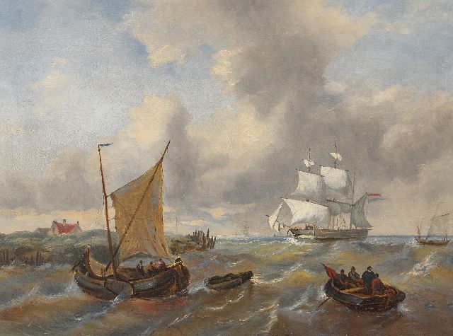 George Willem Opdenhoff (toegeschreven aan) | Schepen voor de kust in stevige bries, olieverf op paneel, 23,7 x 32,0 cm
