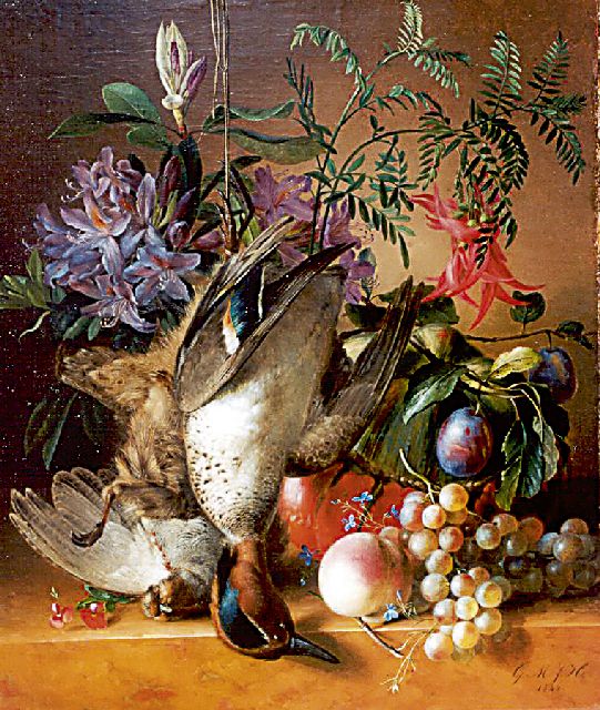 Geertruida Margaretha Jacoba Huidekoper | Stilleven met bloemen, fruit en wild, olieverf op doek op paneel, 54,2 x 46,3 cm, gesigneerd r.o. met initialen en gedateerd 1844
