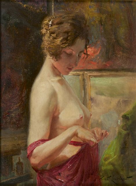 Privat Livemont | Jonge vrouw, half ontkleed, olieverf op paneel, 29,8 x 22,7 cm, gesigneerd r.o.