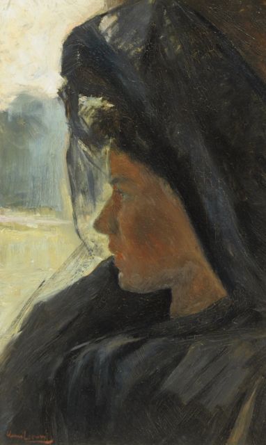 Leeuw H.  | Portret van een modieuze jonge vrouw, olieverf op board 52,8 x 31,9 cm, gesigneerd l.o.