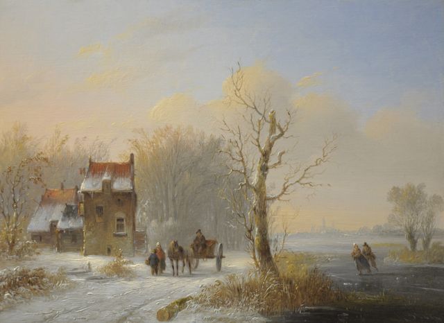 Jacobus van der Stok | Winters tafereel met paard en wagen en schaatsers, olieverf op paneel, 19,6 x 26,4 cm, gesigneerd r.o.