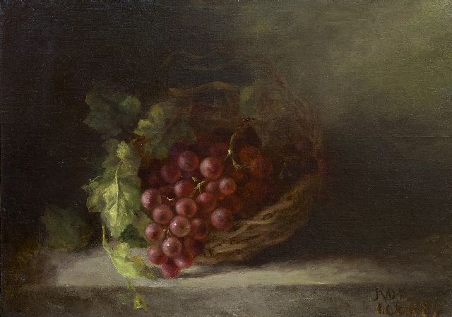 Johanna Margaretha van de Kasteele | Stilleven van druiven in een mand, olieverf op doek op paneel, 35,8 x 50,6 cm, gesigneerd r.o. met initialen en gedateerd oct. 1884