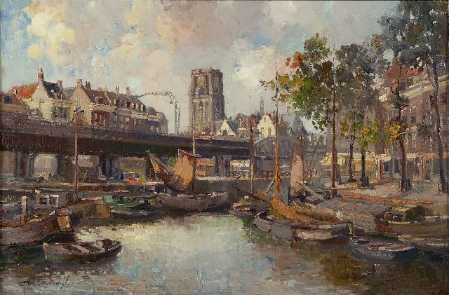 Gerard Delfgaauw | De Kolk in Rotterdam met de spoorbrug en de Sint-Laurenskerk, olieverf op doek, 40,5 x 60,3 cm, gesigneerd l.o.