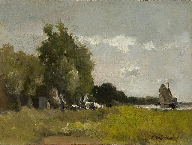 Jan Hendrik Weissenbruch | Polderlandschap, olieverf op doek op paneel, 23,8 x 31,7 cm, gesigneerd r.o. en te dateren ca. 1890-1900