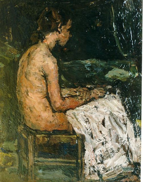 Suze Robertson | Zittend naakt meisje, olieverf op paneel, 27,1 x 21,1 cm