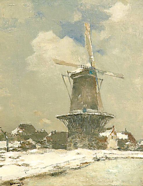 Ype Wenning | Korenmolen De Hoop te Oudewater, in de sneeuw, olieverf op doek, 53,6 x 41,5 cm, gesigneerd l.o.