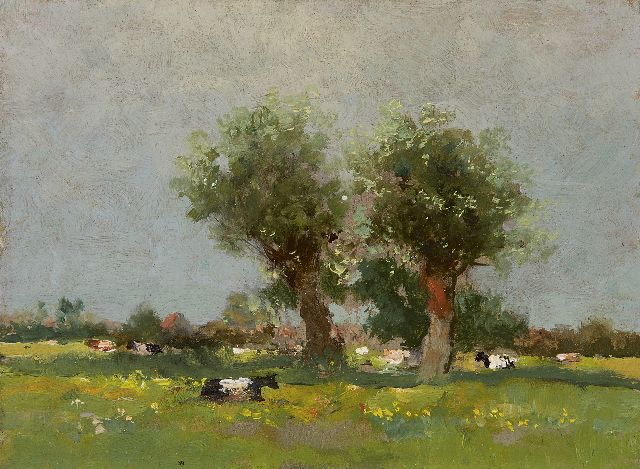 Willem Weissenbruch | Koeien in een landschap, olieverf op board, 17,8 x 23,9 cm