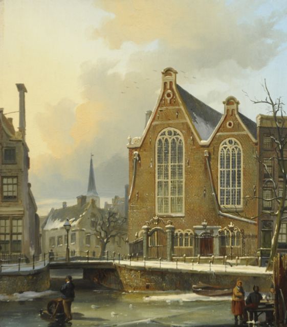 Behr C.J.  | Het Singel met de Oude Lutherse Kerk, Amsterdam, olieverf op paneel 26,3 x 23,2 cm, gesigneerd gesigneerd l.o. met initialen op de slee
