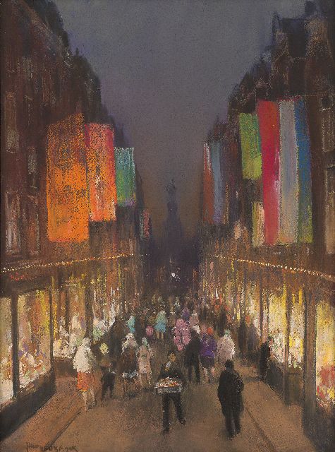 Herman Heijenbrock | De Kalverstraat met vlaggen, bij avond, pastel op papier, 61,0 x 39,3 cm, gesigneerd l.o.