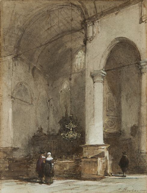 Johannes Bosboom | Interieur van de Grote Kerk te Maassluis, aquarel op papier, 28,0 x 21,5 cm, gesigneerd r.o.