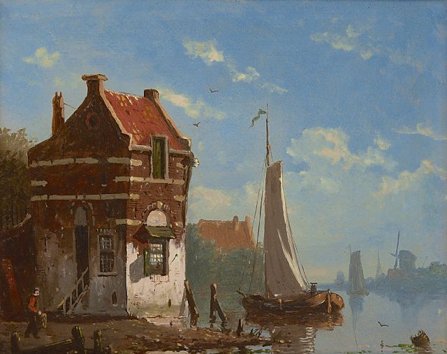 Frederik Roosdorp | Zeilschepen op kalme rivier bij een dorpje, olieverf op paneel, 14,2 x 17,6 cm, gesigneerd l.o. met initiaal