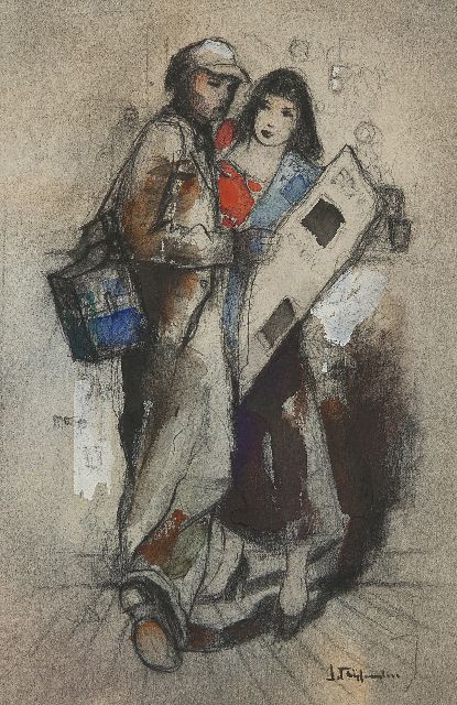 Jan Rijlaarsdam | Muzikant en vrouw aan de bar, zwart krijt en aquarel op papier, 26,3 x 17,5 cm, gesigneerd r.o.