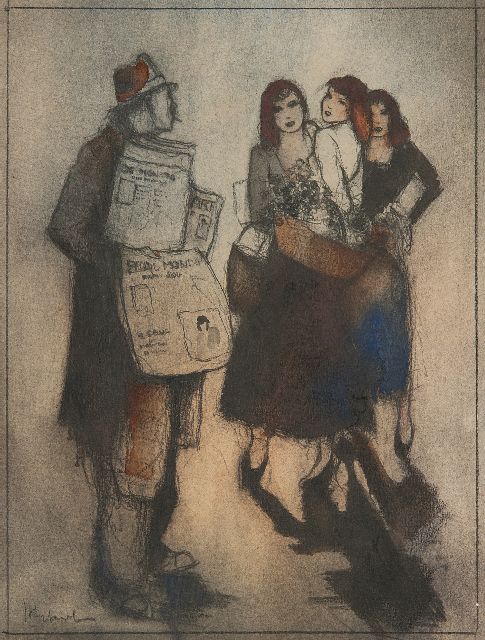 Jan Rijlaarsdam | Krantenverkoper en bloemenmeisjes, Parijs, zwart krijt en aquarel op papier, 26,4 x 19,9 cm, gesigneerd l.o.