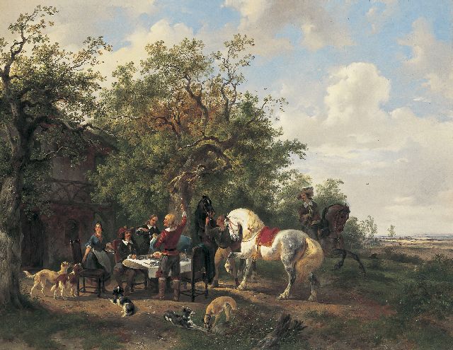 Wouterus Verschuur | Gezelschap met paarden en honden bij een uitspanning, olieverf op doek, 57,5 x 73,5 cm, gesigneerd r.o. en te dateren 1838-1840