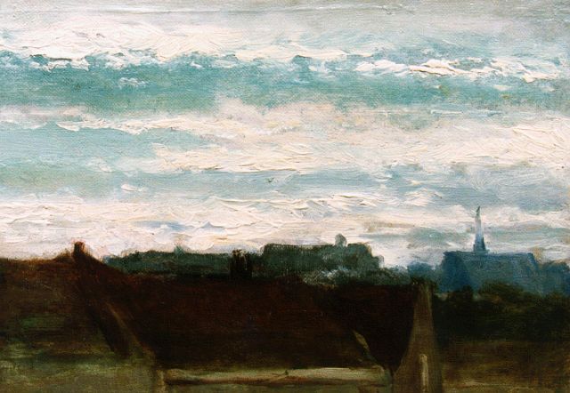 Jan Hendrik Weissenbruch | Uitzicht over een dorp, olieverf op doek op paneel, 18,8 x 24,9 cm, gesigneerd l.o.