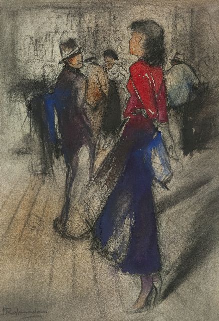 Jan Rijlaarsdam | De flirt, krijt en aquarel op papier, 38,5 x 27,5 cm, gesigneerd l.o.