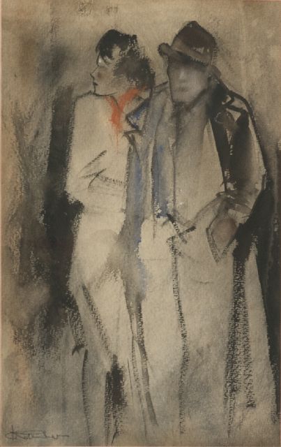 Jan Rijlaarsdam | Man en vrouw bij avond, krijt en aquarel op papier, 38,6 x 27,2 cm, gesigneerd l.o.
