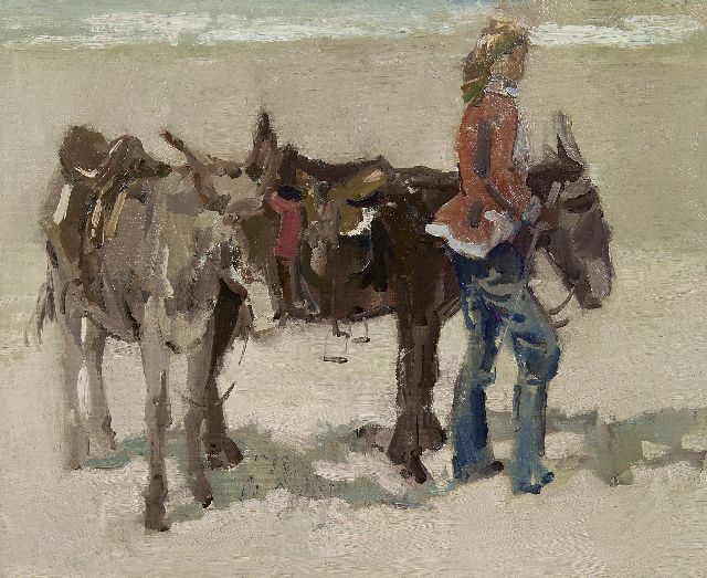 Hessel de Boer | Meisje met ezels op het strand, olieverf op doek, 46,0 x 55,8 cm