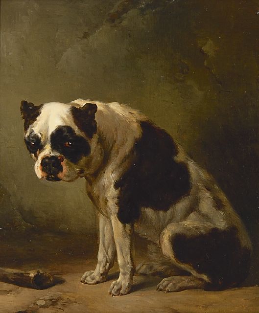 Verschuur W.  | Zittende bulldog, olieverf op paneel 10,2 x 19,6 cm