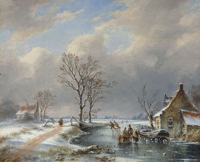 George Henry Hendriks | Winterlandschap met schaatsers en slede, olieverf op paneel, 29,2 x 36,3 cm, gesigneerd l.o.