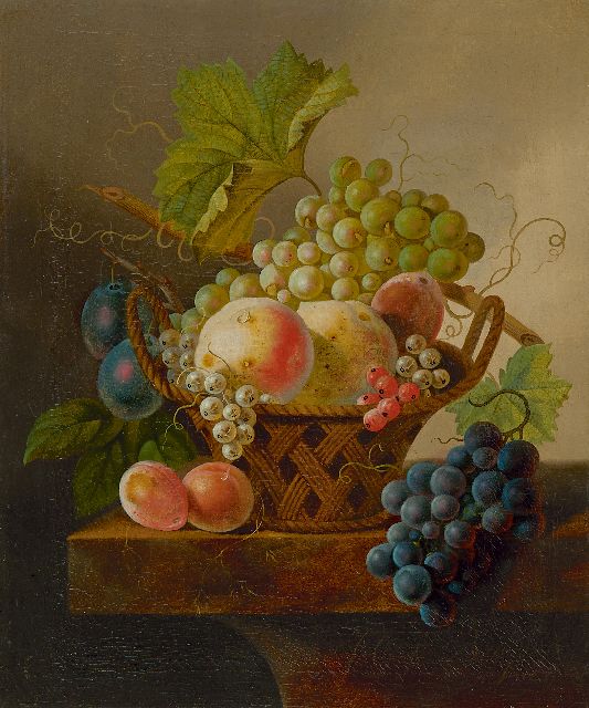 Johannes Cornelis de Bruyn | Stilleven met druiven en perziken in een mand, olieverf op doek, 43,8 x 36,0 cm, gesigneerd r.o.