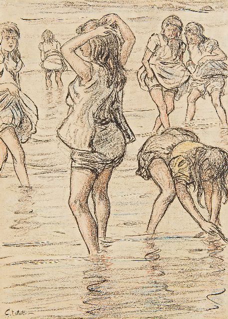 Staller G.J.  | Pootjebaden in de zee, krijt en Oost-Indische inkt op papier 33,8 x 24,0 cm, gesigneerd l.o.