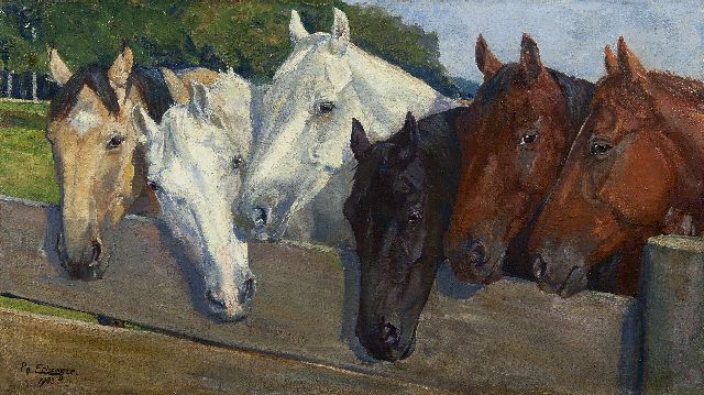Erlanger P.J.  | Paarden bij het hek, olieverf op doek 38,4 x 67,7 cm, gesigneerd l.o. en gedateerd 1903